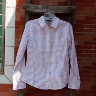 外贸美国原单女士翻领长袖格子衬衫 经典蓝红格子衬衣女