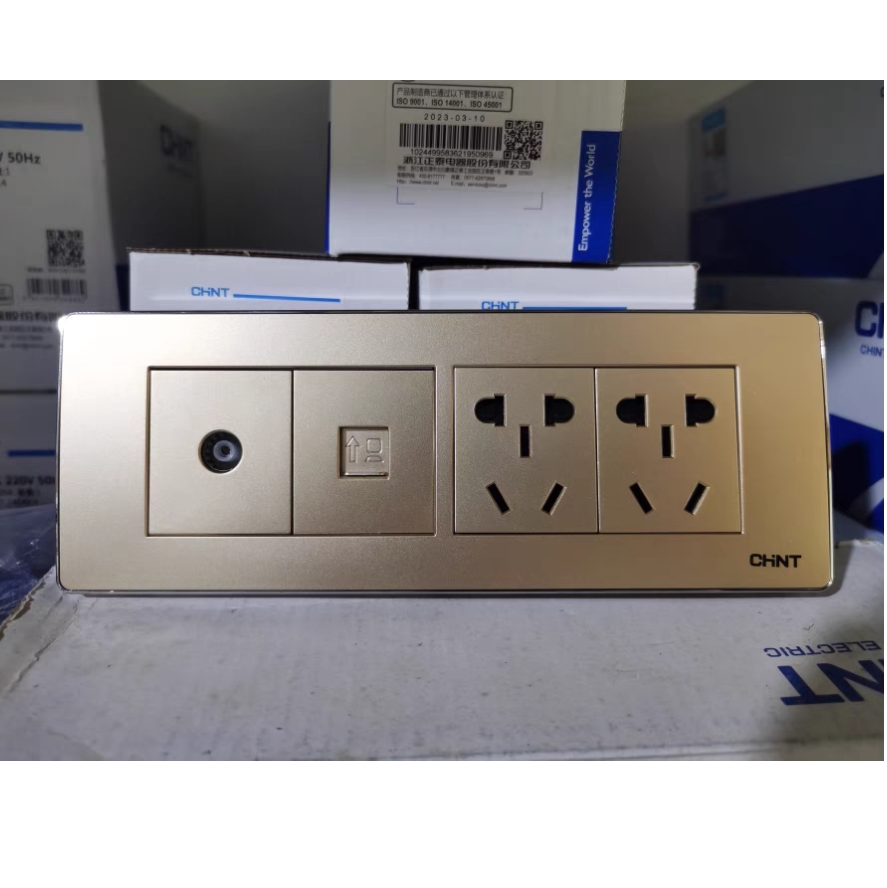 正泰开关插座118型5F大盒四位6孔+有线电视+电脑插座 香槟金色