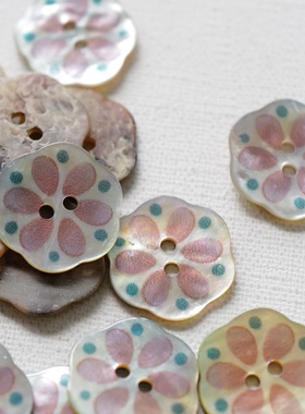 18mm一颗价英国TG原色底灰紫色花瓣松石绿波点花朵贝壳纽扣