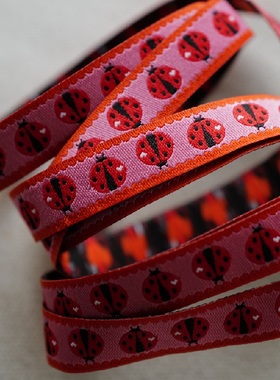 1米价格12mm宽英国Textile Garden粉色底红色七星瓢虫图案织带