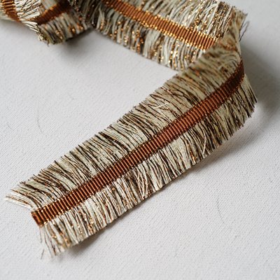 30mm宽1米英国Textile Garden米棕色金银闪须边中心黑色金边织带