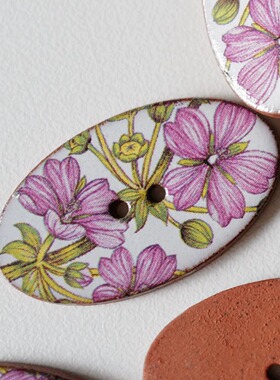 37mmx21mm一颗价英国Stockwell白底紫粉蜀葵图椭圆形手工陶瓷纽扣