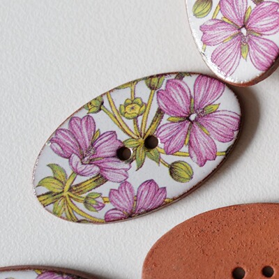 白底紫粉蜀葵椭圆形手工陶瓷纽扣