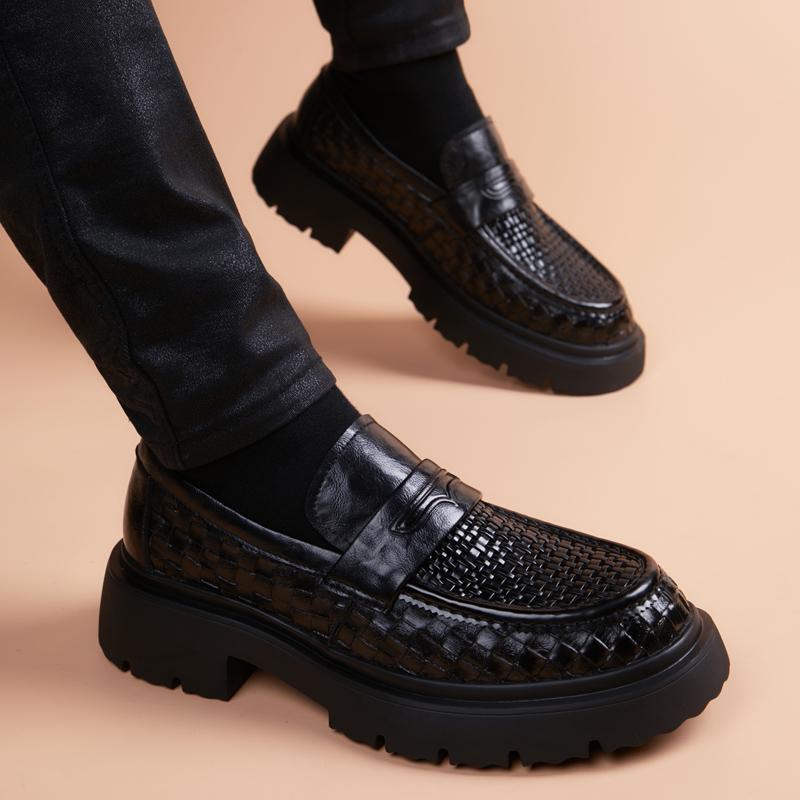 皮鞋男士夏季镂空透气编织防臭真皮商务厚底休闲鞋潮豆豆乐福鞋子
