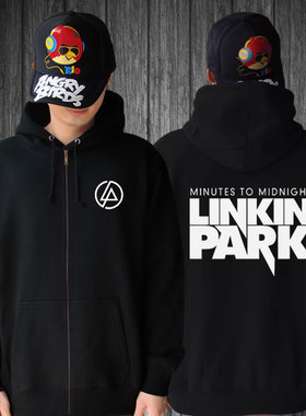 linkin park 印花加厚纯棉抓绒拉链宽松卫衣男开衫帽衫秋冬外套