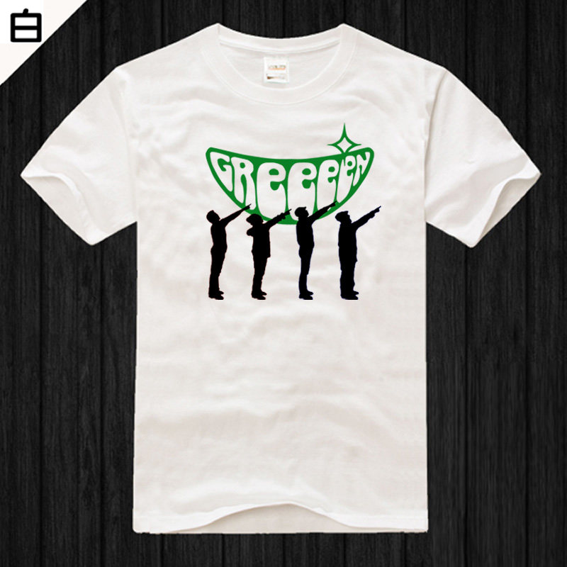 greeeen白色短袖T恤男纯棉宽松音乐青少年文化衫圆领绿色透气体恤