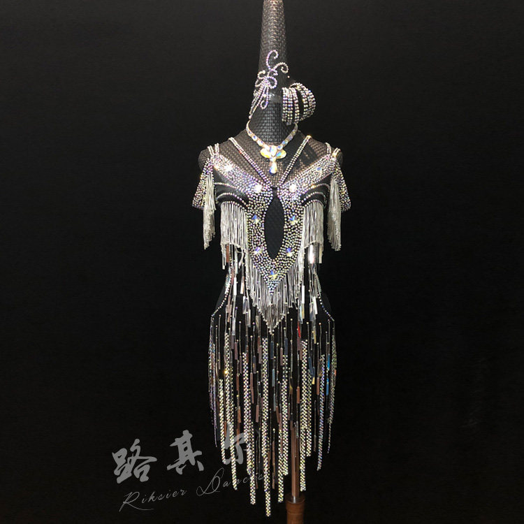 路其尔·女成人新款舞服烫钻儿童拉丁舞比赛服手缝珠管亮片L4