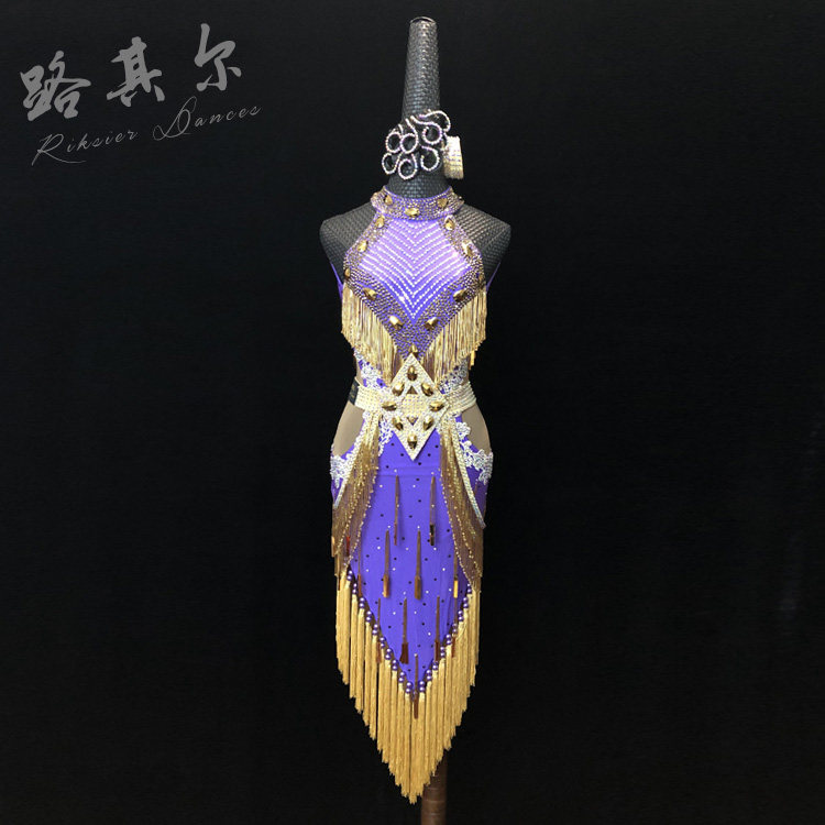 路其尔2020新款国标拉丁舞女成人比赛服流苏女童舞服珠管烫钻L-69