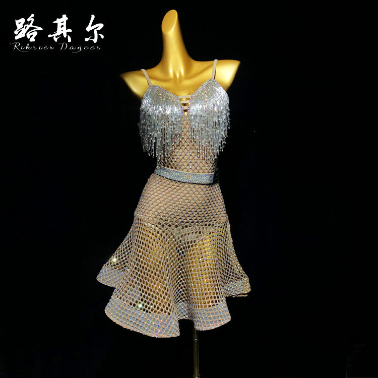 路其尔*女新款拉丁舞表演服装国标舞比赛服烫钻女童珠管定制款