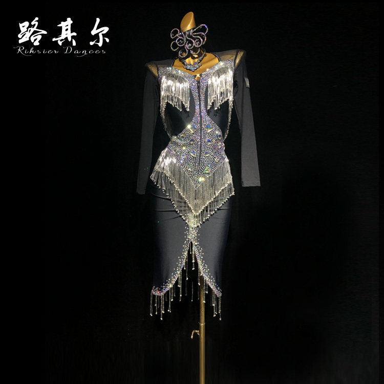 路其尔*女士珠管新款拉丁舞表演服装国标舞比赛服烫钻儿童L-2115