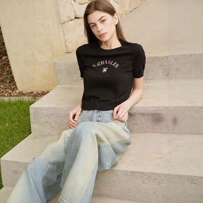 CHESTER CHARLES | 2026新款  气质字母logo徽章短袖套头针织衫