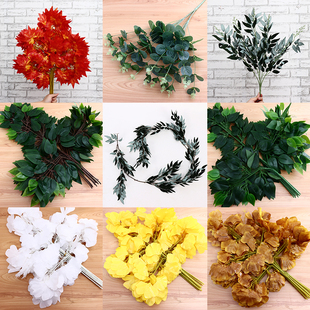 仿真柳树枝银杏叶榕树叶 植物墙装饰婚礼酒店软装插花配草榕树枝