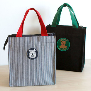 优质帆布条纹小熊方形保温/保冷布拉链饭盒包便当包手提包手拎包