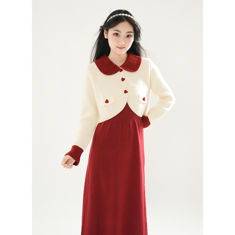 娃娃领短款杏色针织开衫女中长款连衣裙新年红两件套秋冬