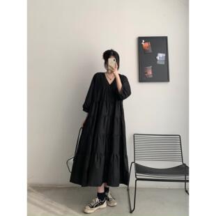 夏季宽松大码女装胖mm法式复古V领显瘦遮肚子连衣裙黑色过膝长裙