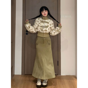 【芥辣甜心】美式复古高腰显瘦毛绒皮扣外套套装长裙冬季新款