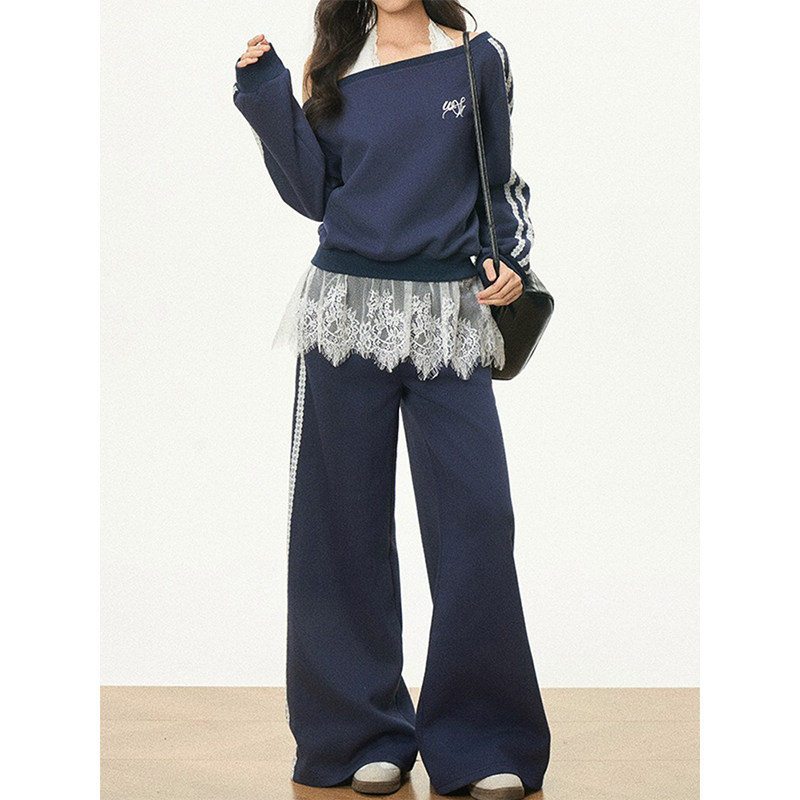 春季2026超火三件春装运动风穿搭斜领卫衣露肩长袖上衣女阔腿长裤