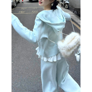 韩系休闲运动风套装女春季2026新款小个子短款连帽卫衣长裤两件套