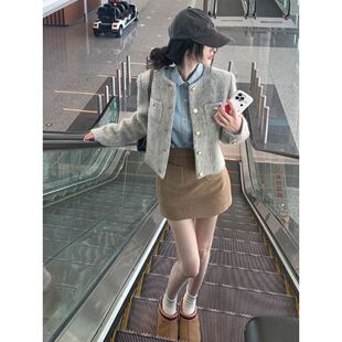 小香风套装女2026秋冬新款韩系短款毛呢夹棉外套牛仔衬衫半身裙子