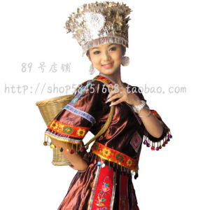 苗族侗族舞台服装银饰服饰头饰项圈演出服女装 舞蹈道具竹编背篓