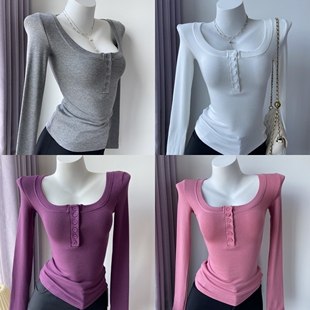 加绒六粒扣收腰紧身长袖T恤女U领性感高弹力沙漏腰辣妹打底上衣秋