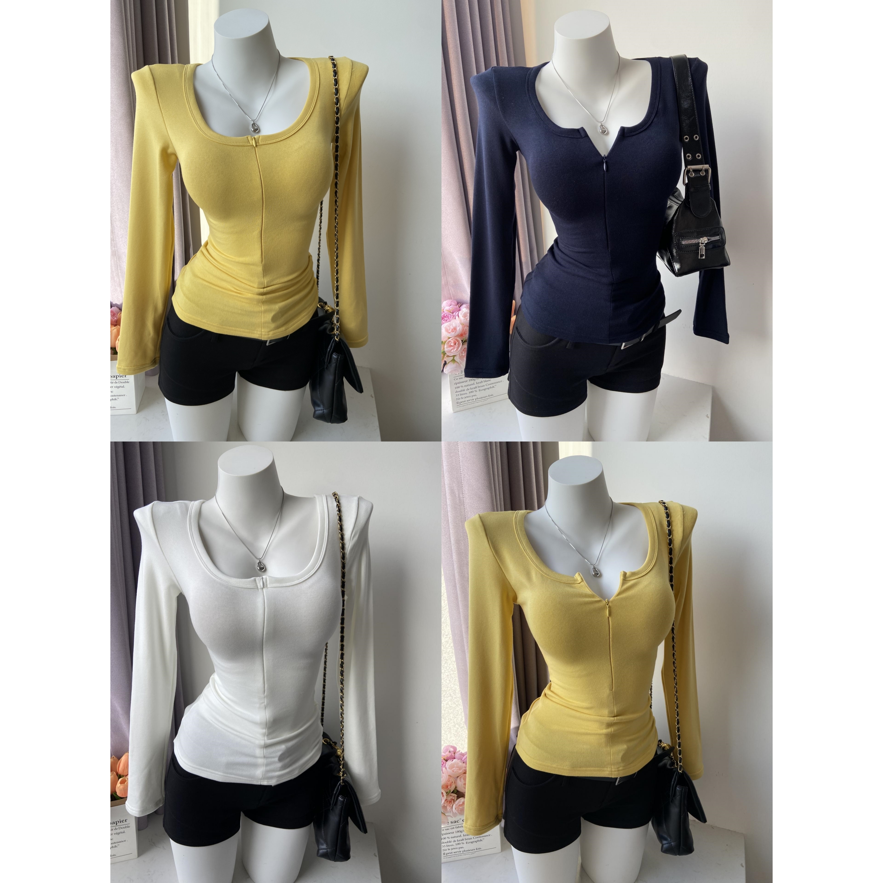 纯欲辣妹性感U领低胸长袖加绒半拉链收腰T恤保暖设计感打底衫秋冬