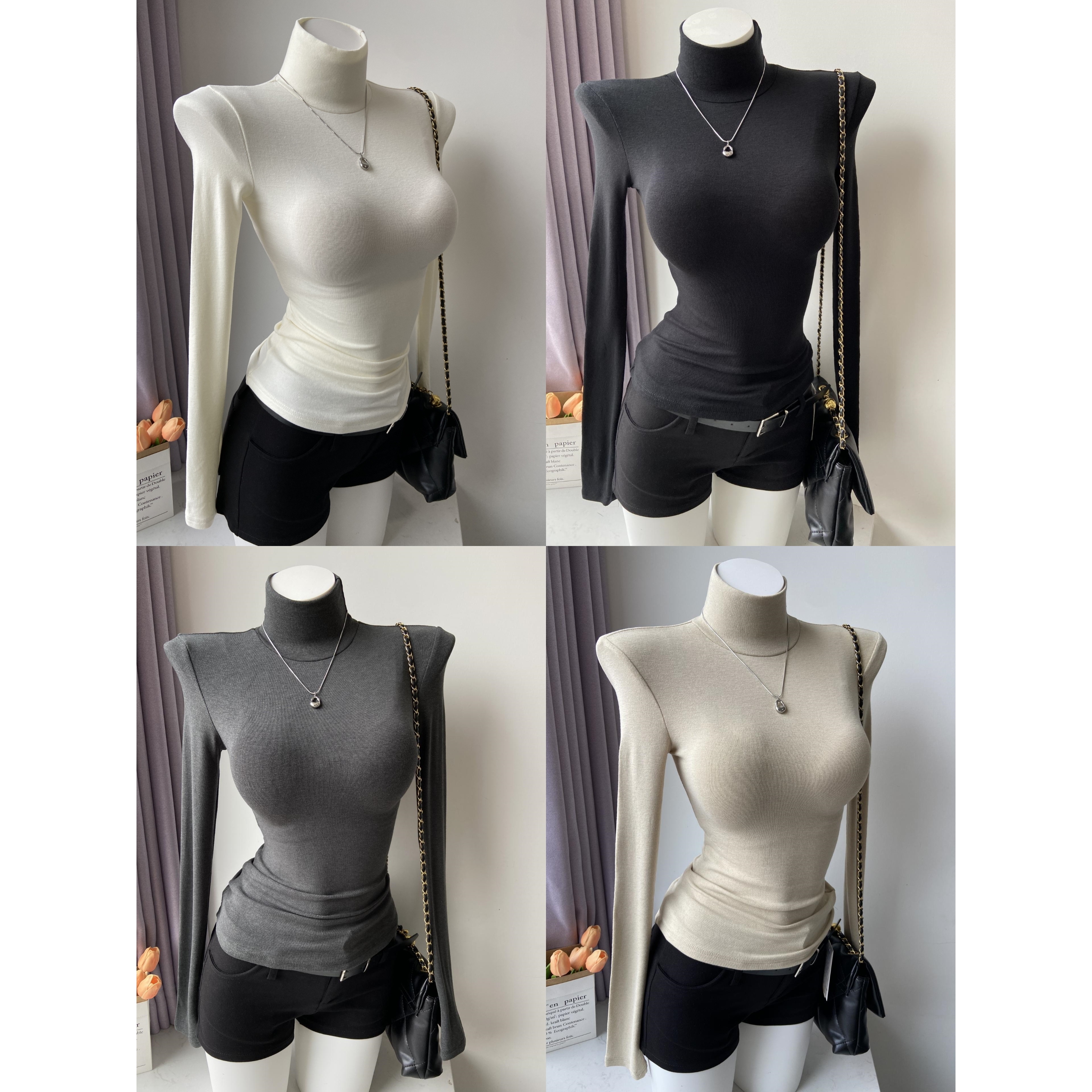 糯叽叽高弹力羊毛高领长袖打底衫修身上衣T恤大衣外套内搭神器女