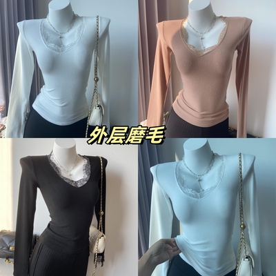 V领睫毛蕾丝拼接长袖弹力T恤