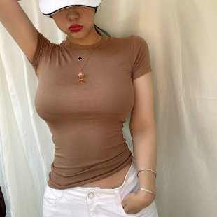ins紧身弹力显胸大t恤女夏韩国莫代尔包身短袖上衣显身材粉色贴身