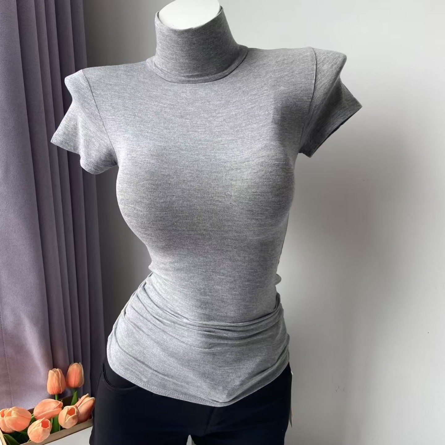 女人味微透高领显胸大紧身弹力收腰短袖T恤纯欲性感显身材上衣薄,女装/女士精品,T恤,淘宝优惠券,粉丝福利购,淘宝优惠卷