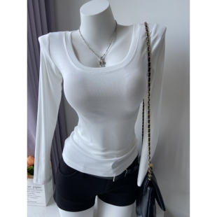 纯欲小白花白色U领紧身长袖T恤女大领口性感低胸上衣棉内搭打底秋