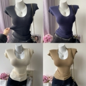 韩漫身材u领紧身高弹沙漏腰短袖 T恤女性感显胸软糯收腰正肩上衣夏