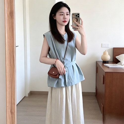 2026夏韩系慵懒风无袖衬衫圆领宽松系带收腰显瘦减龄百搭女上衣