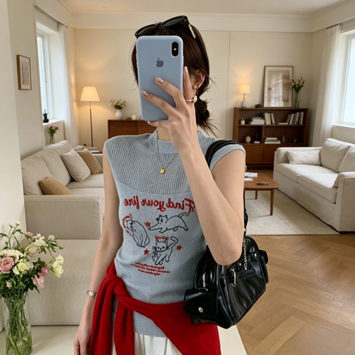 夏季美式复古小猫短袖针织衫显瘦