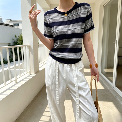 天丝亚麻短袖针织衫显瘦