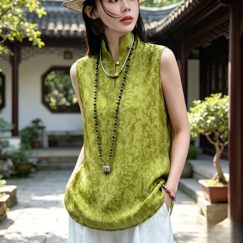 复古新中式无袖上衣天丝提花肌理感立领马甲日常通勤百搭国风衬衣