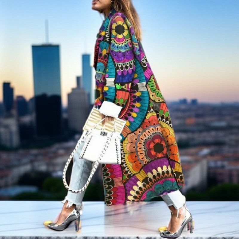 欧洲站外套女新款秋季2024爆款时尚洋气宽松及踝印花毛呢大衣