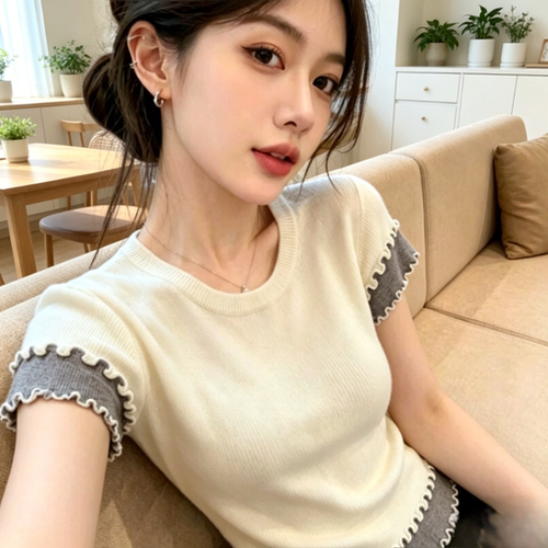 羊驼毛木耳边假两件显瘦针织衫