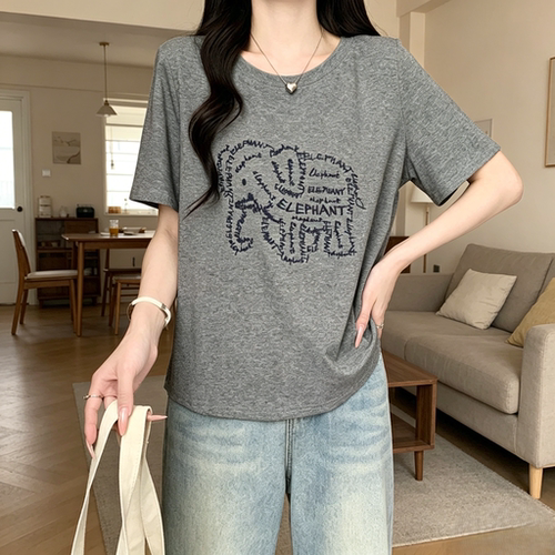 夏季小象刺绣百搭短袖圆领T恤女