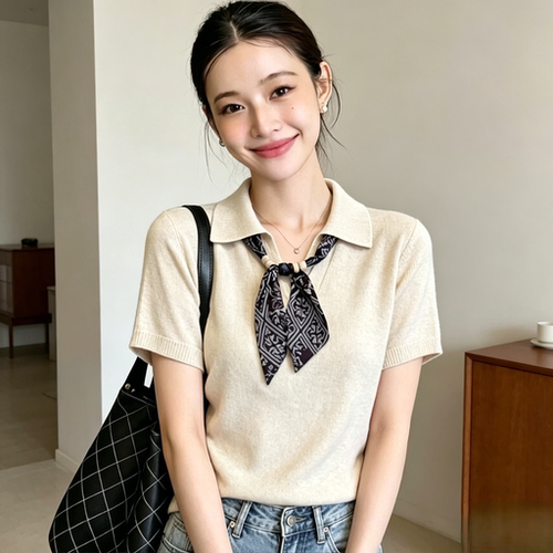 老钱风polo领冰丝针织衫女显瘦
