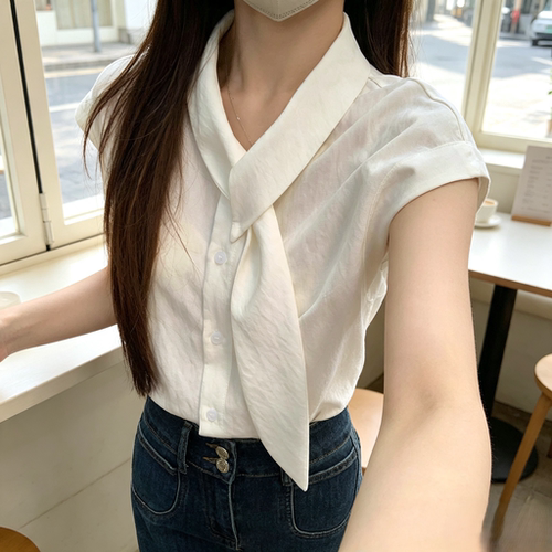 法式白色飘带衬衫女夏季小个子小飞袖上衣宽松高级感气质短袖衬衣