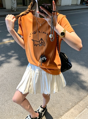 小众简笔小狗印花宽松短袖体恤女圆领休闲百搭出游减龄橙色短上衣