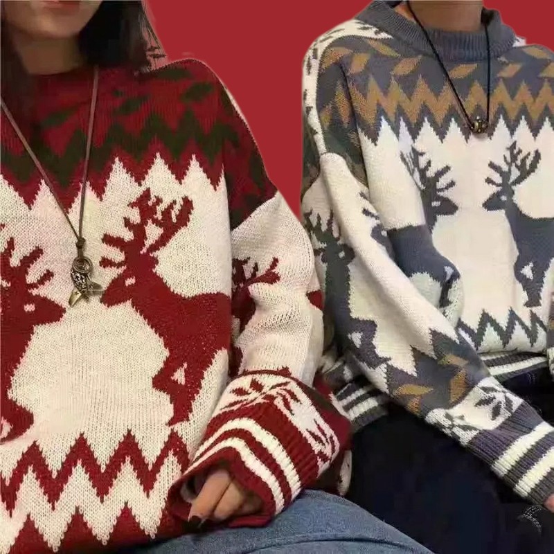 韩系圆领毛衣女2024秋冬慵懒风宽松百搭显搭圣诞复古麋鹿童趣