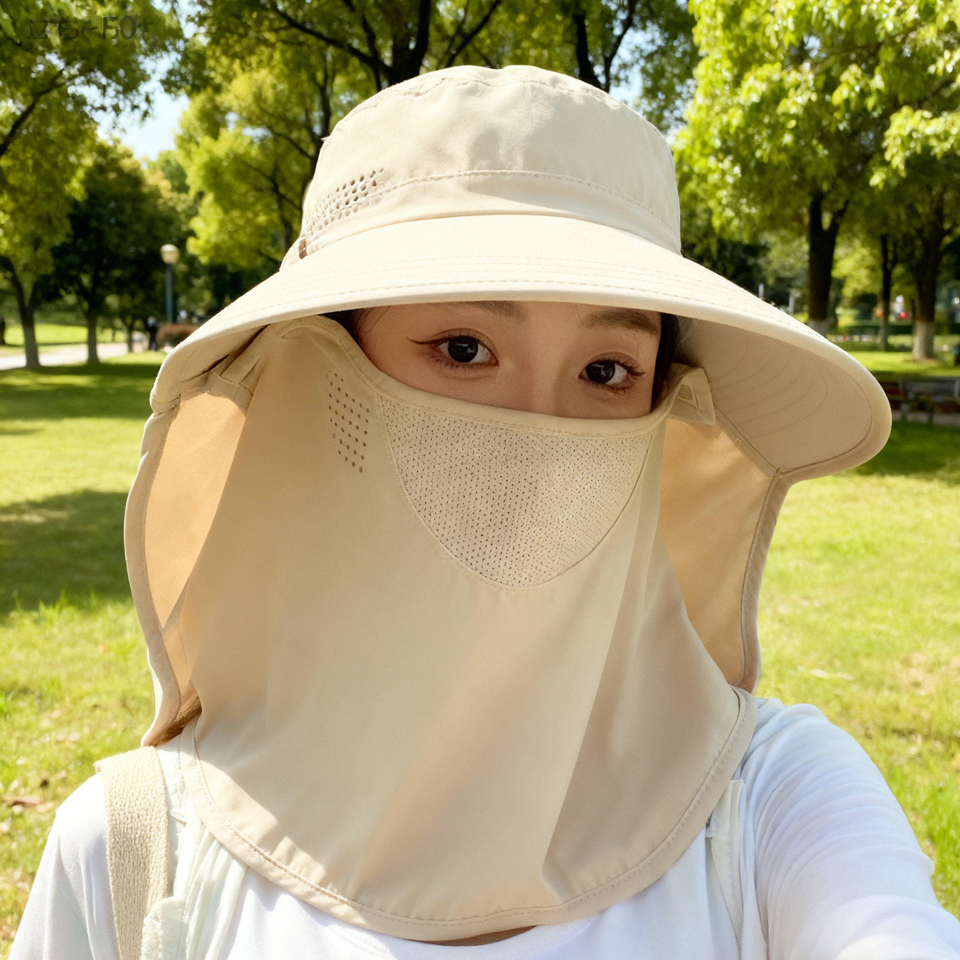 透气护颈遮脸一体！女生夏季户外全方位防晒面罩 防紫外线遮阳帽