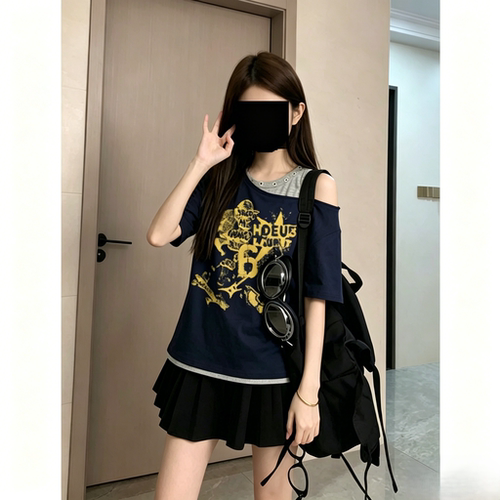 夏季美式印花拼色斜领路肩T恤