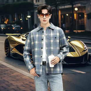 蓝格子无内里真皮皮衣 宽松阔版 秋潮流男士 真皮绵羊皮休闲衬衫