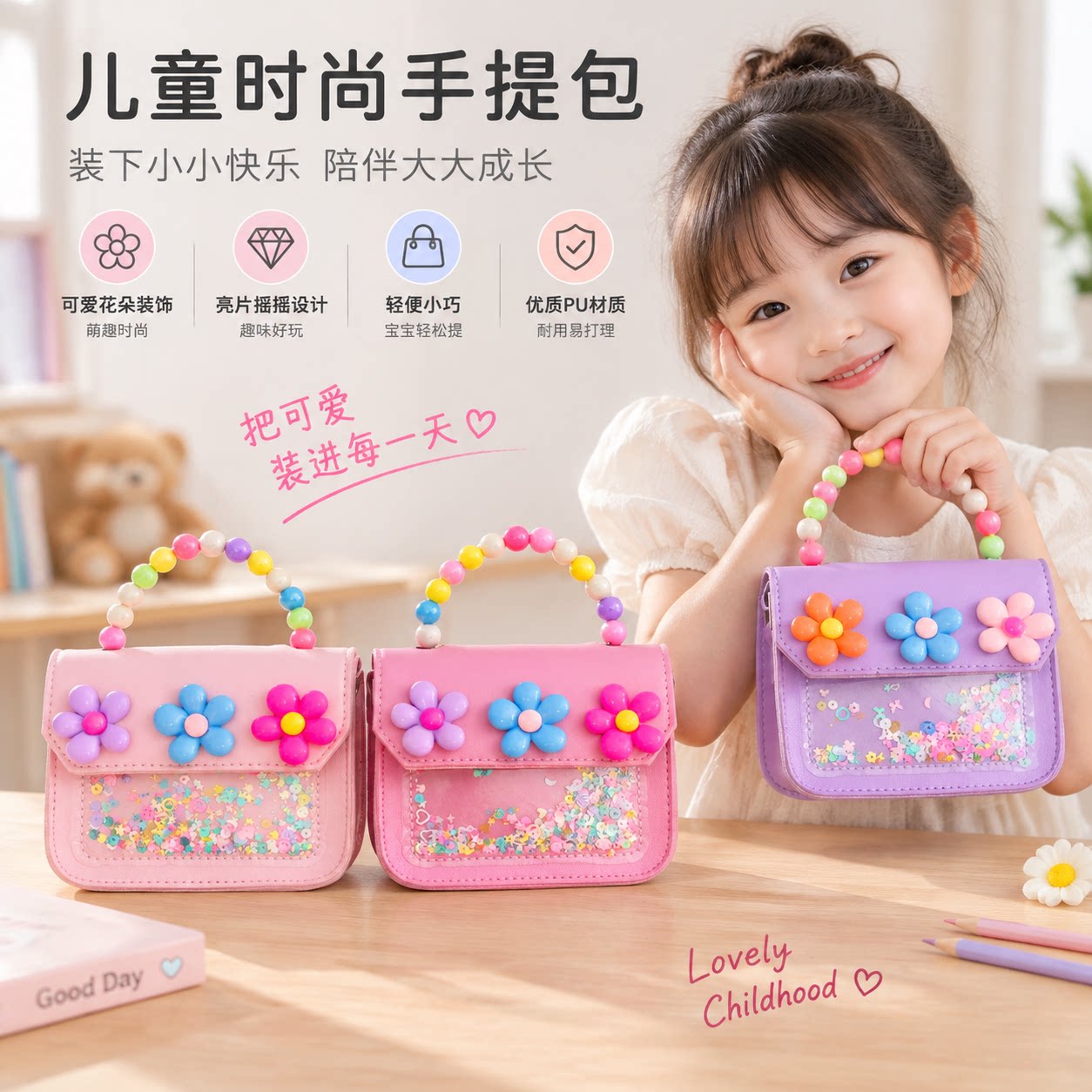 女童花朵流沙珍珠提手斜挎包