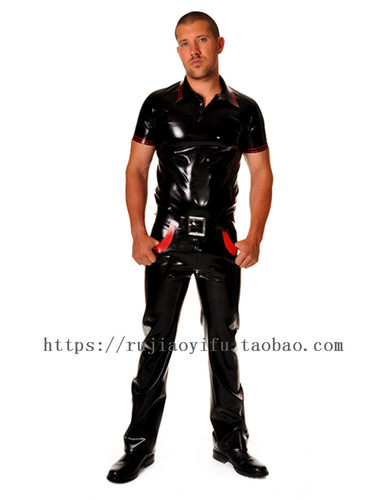 Latex trousers 纯天然乳胶衣男士长裤子含皮带黑色超亮手工定做