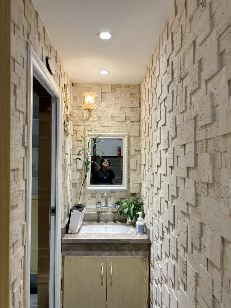 天然石材米白黄洞石别墅背景墙庭院天井餐厅形象墙酒店现代简约