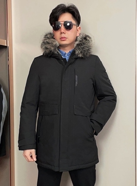 狐狸毛领男士90白鸭绒羽绒服 防风防泼水 连帽休闲男装黑色外套男